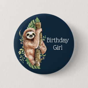 Badge Rond 5 Cm Aquarelle mignonne Sloth Anniversaire fille