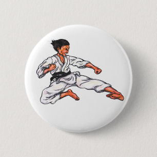 Badge Rond 5 Cm aquarelle peinture karaté homme bondir et donner u