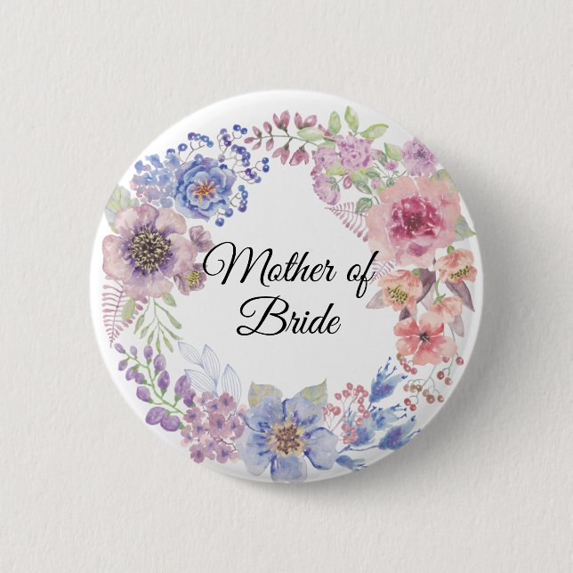 Badge Rond 5 Cm Aquarelle Purple & Bleu Mère de l'Épouse (Devant)