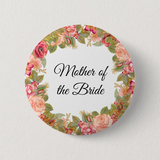 Badge Rond 5 Cm Aquarelle Roses et Parties scintillant Mère de la  (Devant)