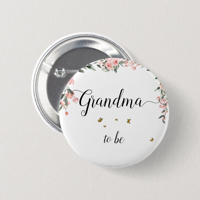 Badge Rond 5 Cm Aquarelle Roses roses et papillons Grandma à être (Devant & derrière)