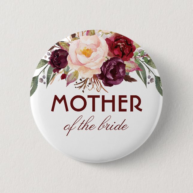 Badge Rond 5 Cm Aquarelle rouge Bourgogne Fleurs Mariage élégant (Devant)