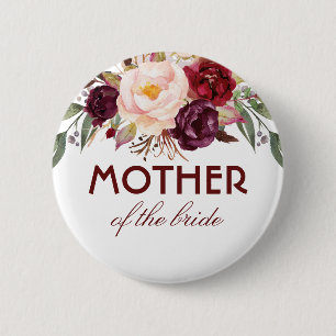 Badge Rond 5 Cm Aquarelle rouge Bourgogne Fleurs Mariage élégant