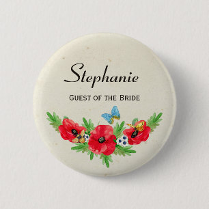 Badge Rond 5 Cm Aquarelle rouge et nom de pavot d'invité rustique