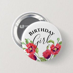 Badge Rond 5 Cm Aquarelle Rouge Poppies Floral Anniversaire Fille