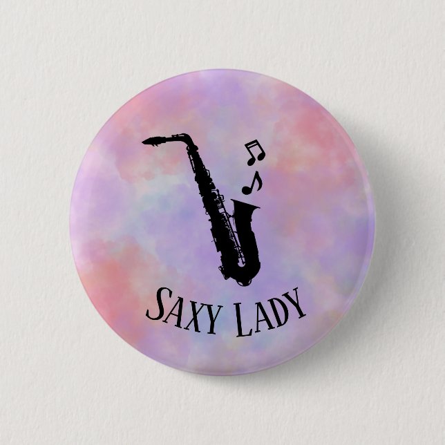 Badge Rond 5 Cm Aquarelle Saxy Lady Cool Funny Musique Saxophone (Devant)