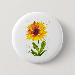 Badge Rond 5 Cm Aquarelle tournesol jaune chic rustique