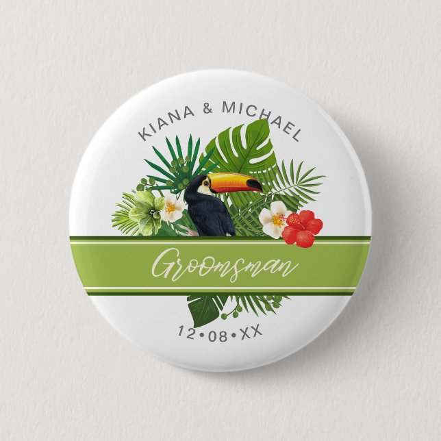 Badge Rond 5 Cm Aquarelle Tropical avec groom Toucan vert ID577 (Devant)
