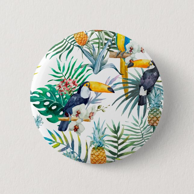Badge Rond 5 Cm Aquarelle tropicale d'oiseau de perroquet d'ananas (Devant)