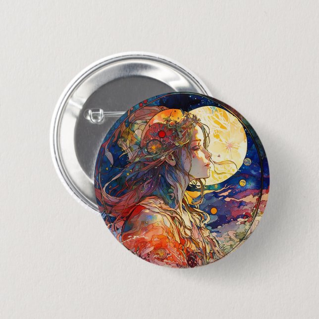 Badge Rond 5 Cm Aquarelle vibrante du bouton Fille et Lune (Devant & derrière)