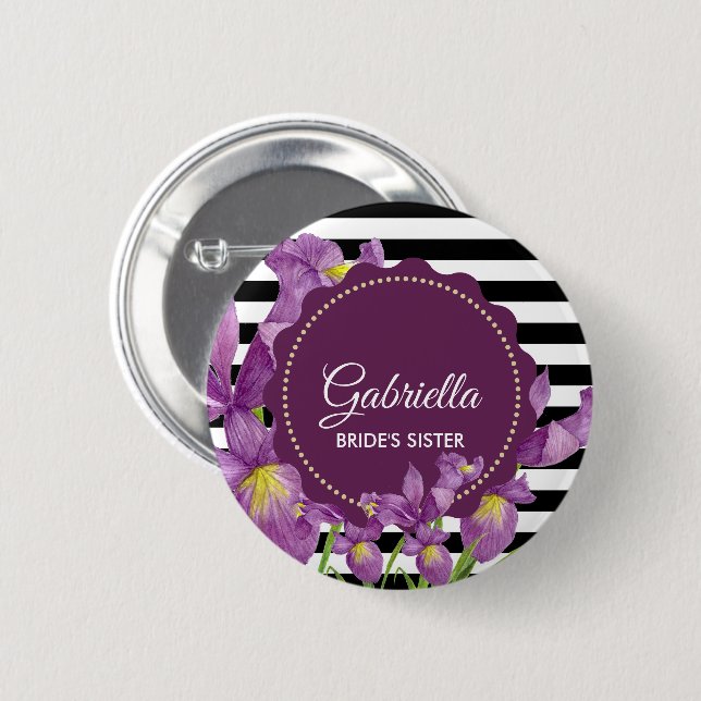 Badge Rond 5 Cm Aquarelle violet Iris noir blanc Motif (Devant & derrière)