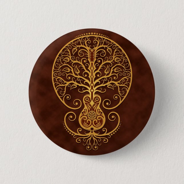 Badge Rond 5 Cm Arbre de guitare, brun d'or (Devant)