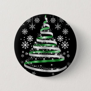 Badge Rond 5 Cm Arbre de Noël blanc Flambeau de neige vert argenté
