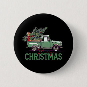 Badge Rond 5 Cm Arbre de Noël camionnette rouge Pickup Noël Vintag