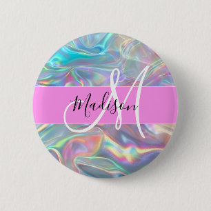 Badge Rond 5 Cm Arc-en-ciel Girly Holographique Iridescent Monogra