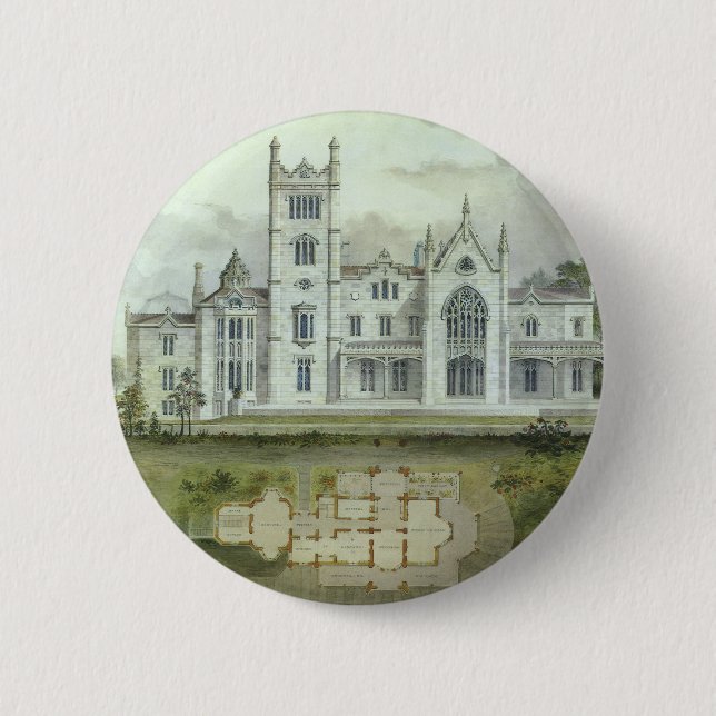 Badge Rond 5 Cm Architecture vintage, Plan Château Français (Devant)