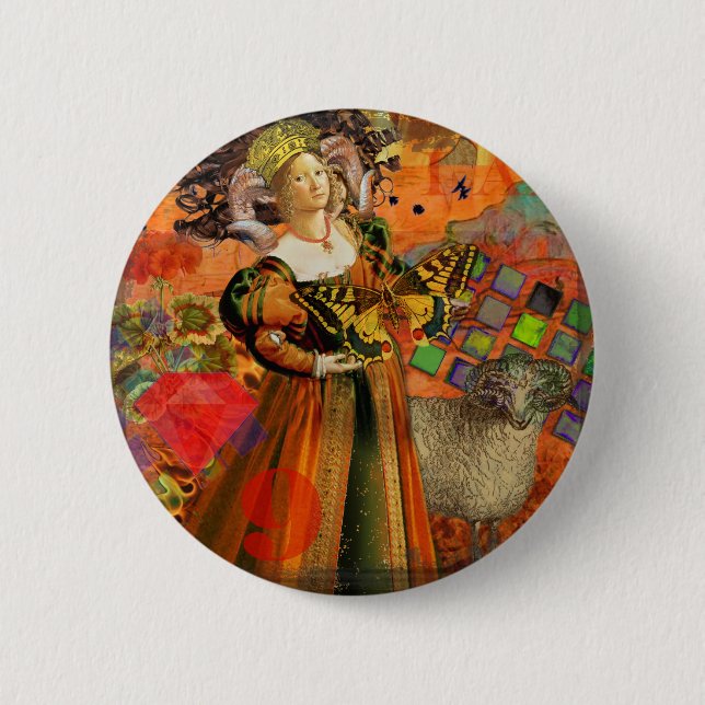 Badge Rond 5 Cm Aries Orange Woman : Collage d'art antique gothiqu (Devant)