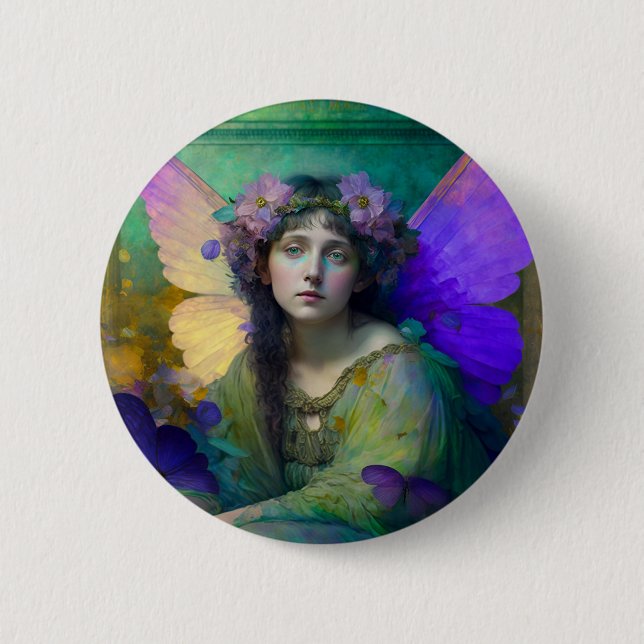 Badge Rond 5 Cm Art Imaginaire Fée Vert Violet (Devant)