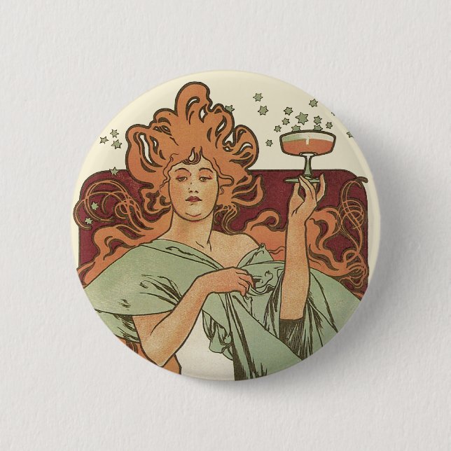 Badge Rond 5 Cm Art Nouveau vintage par Mucha, Champagne Party (Devant)