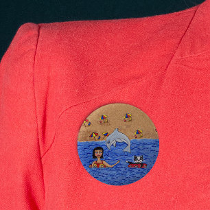 Badge Rond 5 Cm Art populaire Lady Cat Beach Océan Dauphin natatio