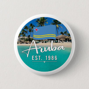 Badge Rond 5 Cm "Aruba Est. Plage Drapeau 1986"
