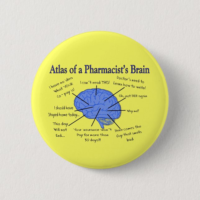 Badge Rond 5 Cm Atlas d'un pharmacien Cerveau-Hilare (Devant)