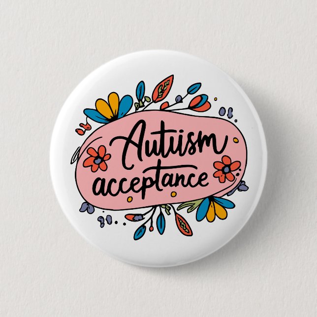 Badge Rond 5 Cm Autisme mignon Acceptation Rose Bleu Fleurs Jaunes (Devant)