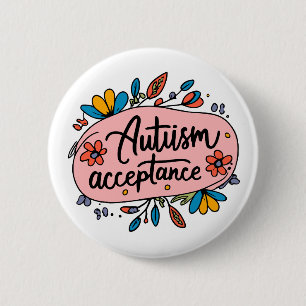 Badge Rond 5 Cm Autisme mignon Acceptation Rose Bleu Fleurs Jaunes