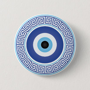 Badge Rond 5 Cm Aztèque Cercle grec Clé Mal Oeil Bleu Bleu