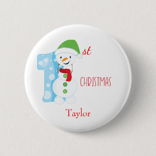 Badge Rond 5 Cm Baby First Christmas Snowman