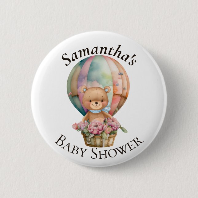Badge Rond 5 Cm Baby shower bleu Teddy Bear Hot Air Balloon (Devant)