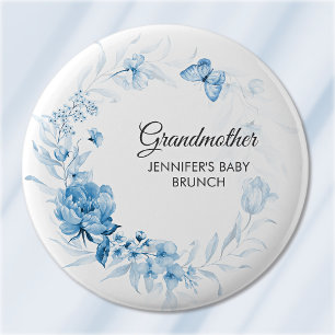 Badge Rond 5 Cm Baby-Shower/Brunch Fleurs Bleues Clair Grand-mère