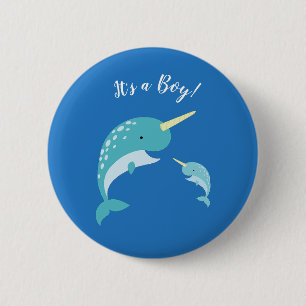 Badge Rond 5 Cm Baby shower Narwhal Blue Boy Whale