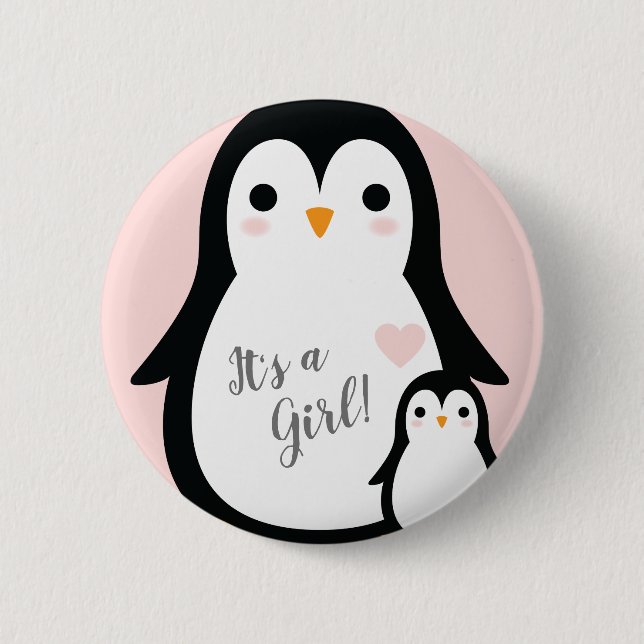 Badge Rond 5 Cm Baby shower Pingouin mignon fille rose (Devant)