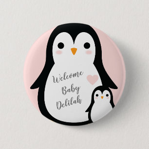 Badge Rond 5 Cm Baby shower Pingouin mignon fille rose