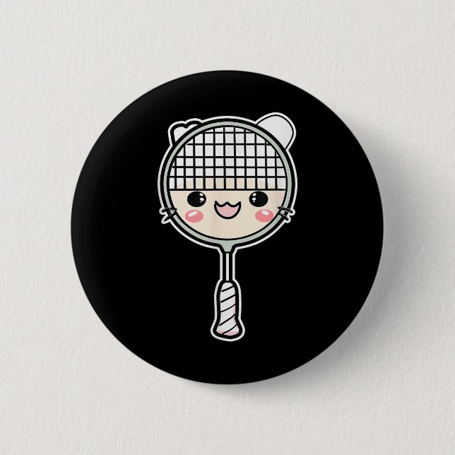 Badge Rond 5 Cm Badminton Racket Cartoon Face Shuttle Player  (Devant)