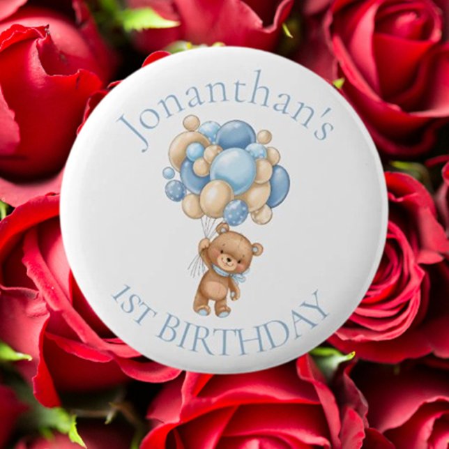 Badge Rond 5 Cm Ballons d'ours en peluche Bleu 1er anniversaire (Celebrate your baby's first birthday with an adorable blue teddy bear balloons button)