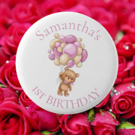 Badge Rond 5 Cm Ballons Ours Teddy Rose 1er Anniversaire
