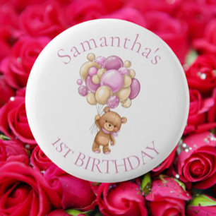 Badge Rond 5 Cm Ballons Ours Teddy Rose 1er Anniversaire
