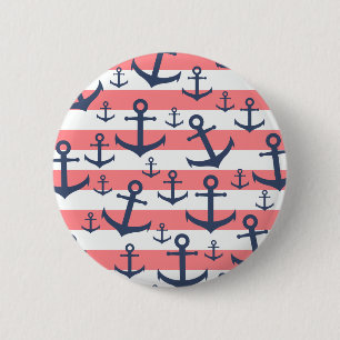 Badge Rond 5 Cm Bande de corail marine bleu ancre motif