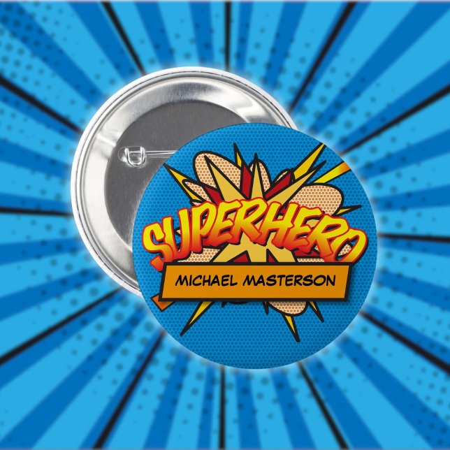 Badge Rond 5 Cm Bande dessinée personnalisée Pop Art SUPERHÉROS (Personalized Comic Book Pop Art SUPERHERO Button)