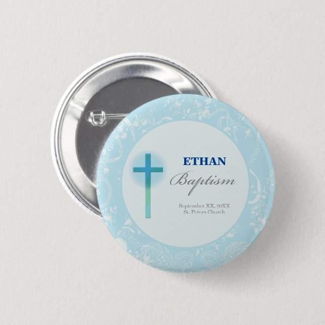 Badge Rond 5 Cm Baptême de garçon en dentelle bleue (Devant & derrière)