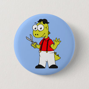 Badge Rond 5 Cm Barbier À Rex Tyrannosaurus Avec Ciseaux.