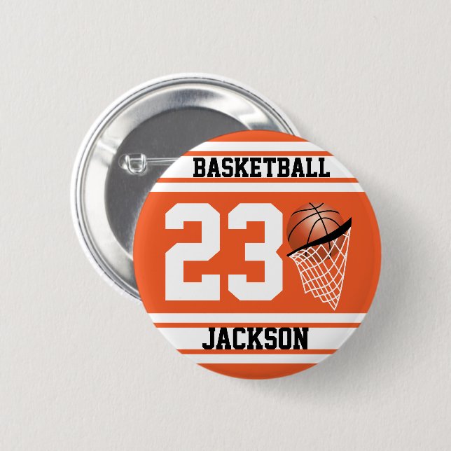 Badge Rond 5 Cm Basket-ball personnalisé orange et blanc (Devant & derrière)