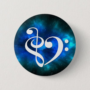 Badge Rond 5 Cm Basse Clé Treble Clé Coeur Bleu Burst Nebula
