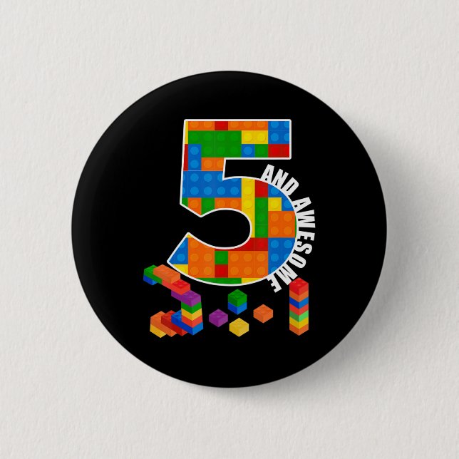 Badge Rond 5 Cm Bâtiment Blocs Briques 5 ans Awesome Anniversaire (Devant)