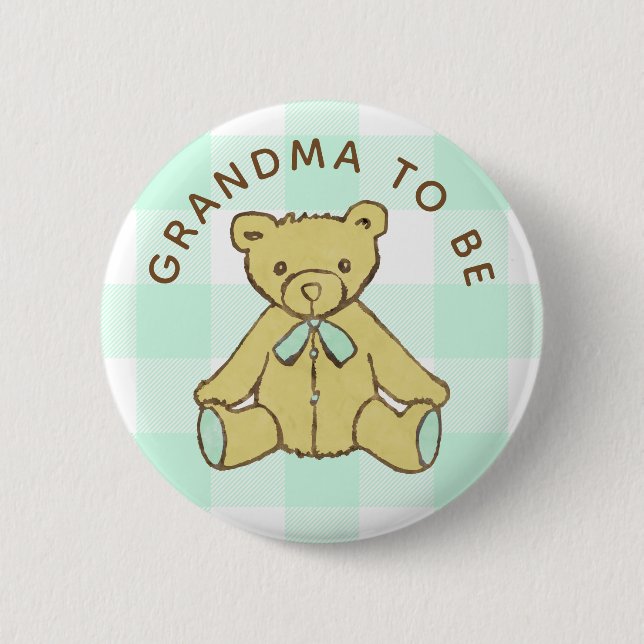 Badge Rond 5 Cm Bear Mint Green Buffalo Plaid Grand-mère (Devant)