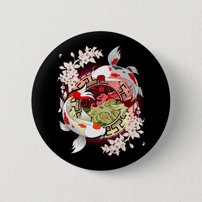Badge Rond 5 Cm Beau Art Japonais Fleur Koi Fish (Devant)