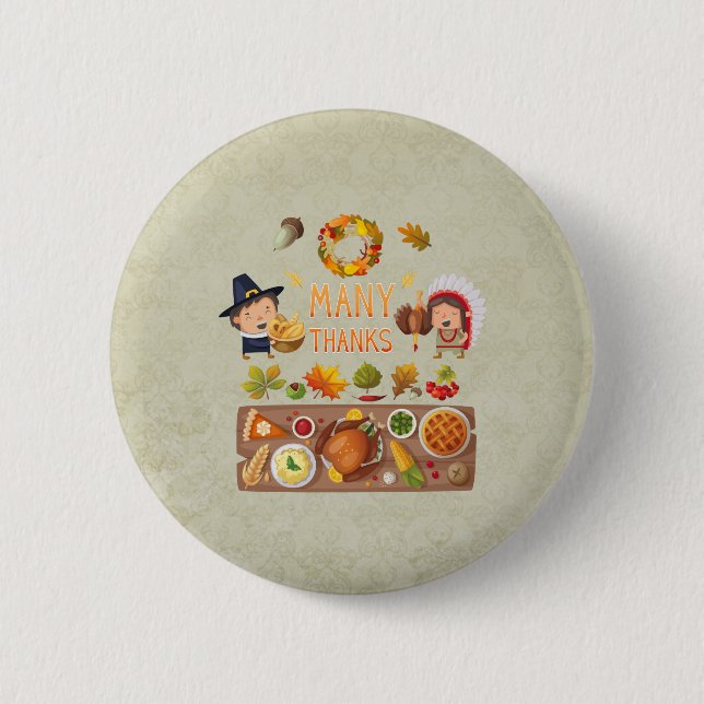 Badge Rond 5 Cm Beaucoup Remercient Pèlerin Et Fête De L'Action De (Devant)