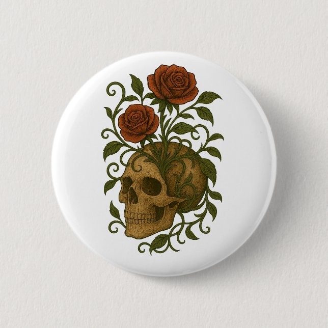 Badge Rond 5 Cm Beauté Fantomatique Crâne et Roses Art d'Halloween (Devant)